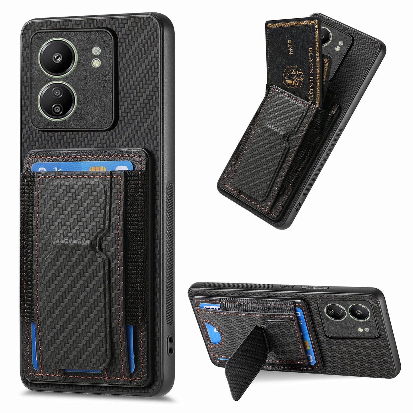 Xiaomi Redmi 13C Carbon Fiber Fold Stand Elastic Card Bag Phone Case with Multi-Functional Wallet