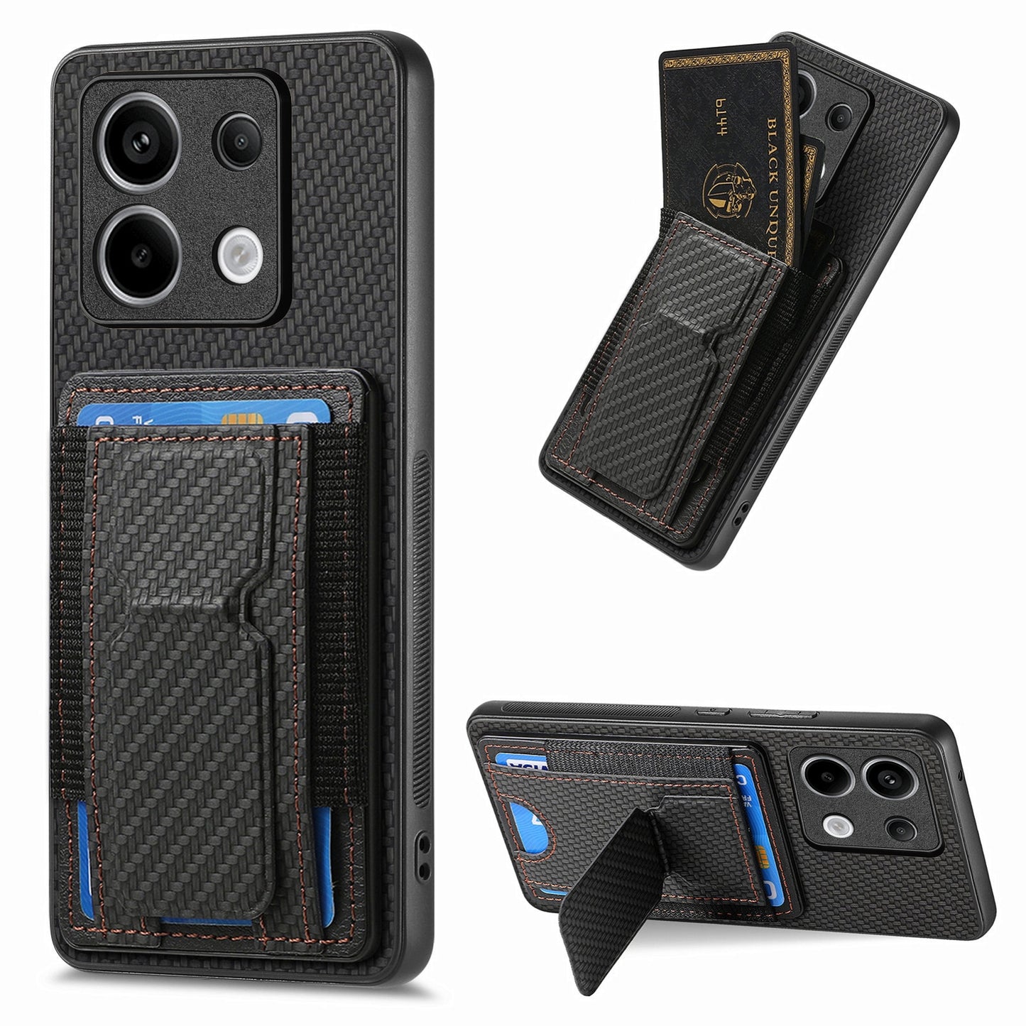 Xiaomi Redmi Note 13 Pro+ Carbon Fiber Fold Stand Elastic Card Bag Phone Case with Multi-Functional Wallet
