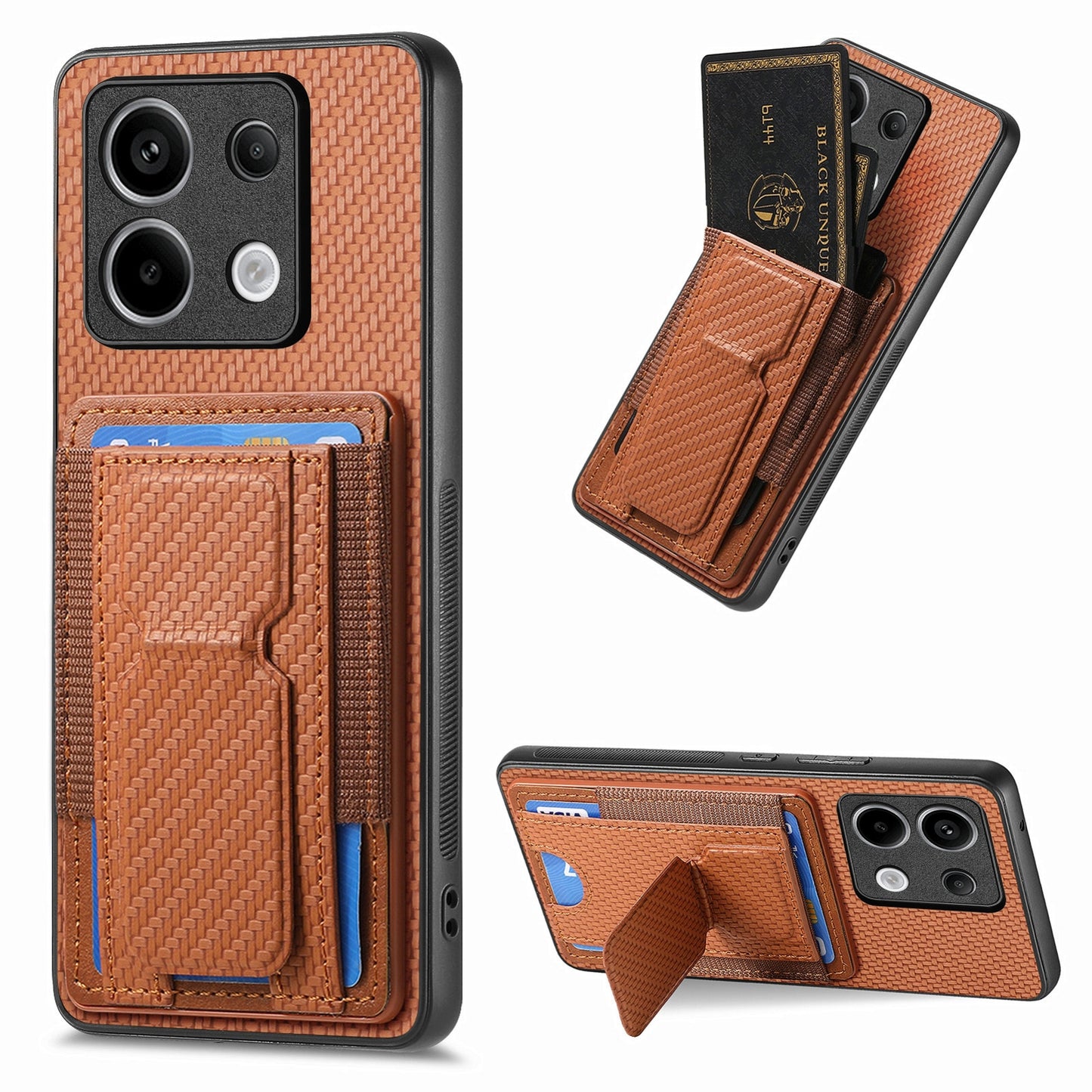 Xiaomi Redmi Note 13 Pro+ Carbon Fiber Fold Stand Elastic Card Bag Phone Case with Multi-Functional Wallet