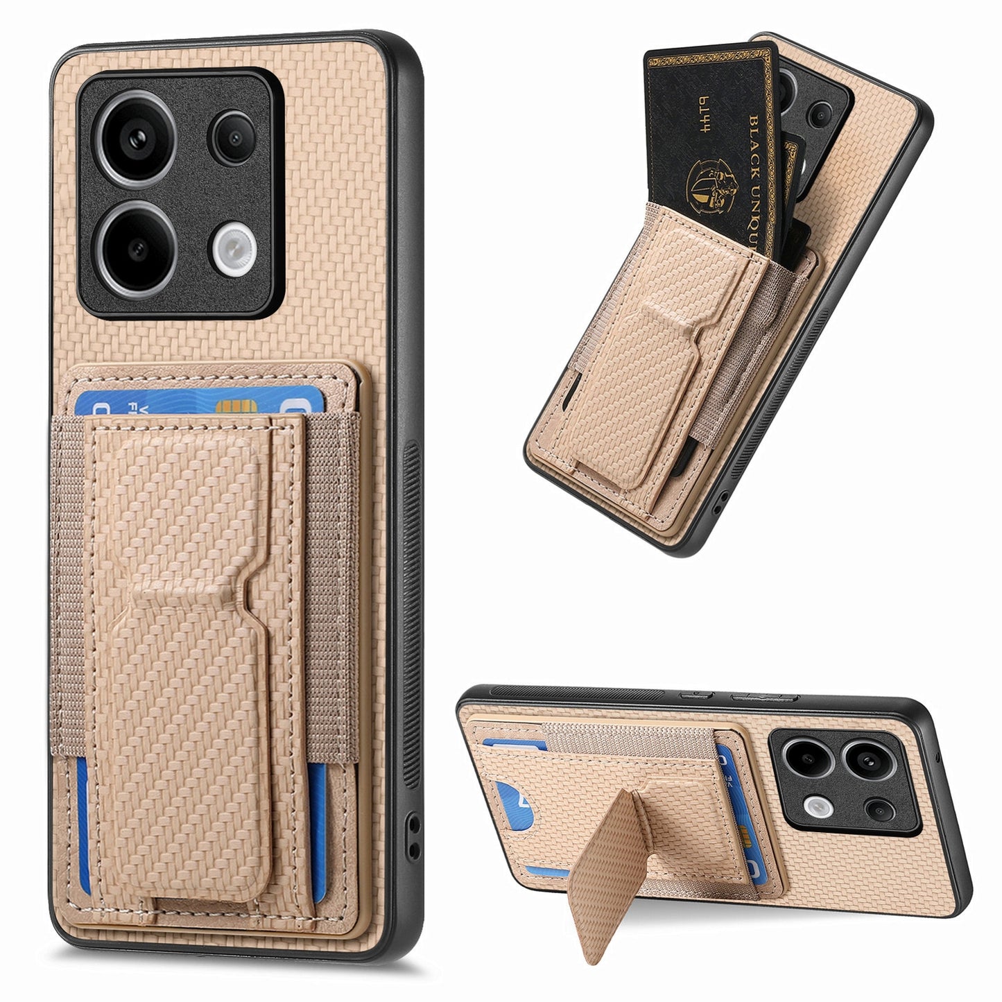 Xiaomi Redmi Note 13 Pro+ Carbon Fiber Fold Stand Elastic Card Bag Phone Case with Multi-Functional Wallet