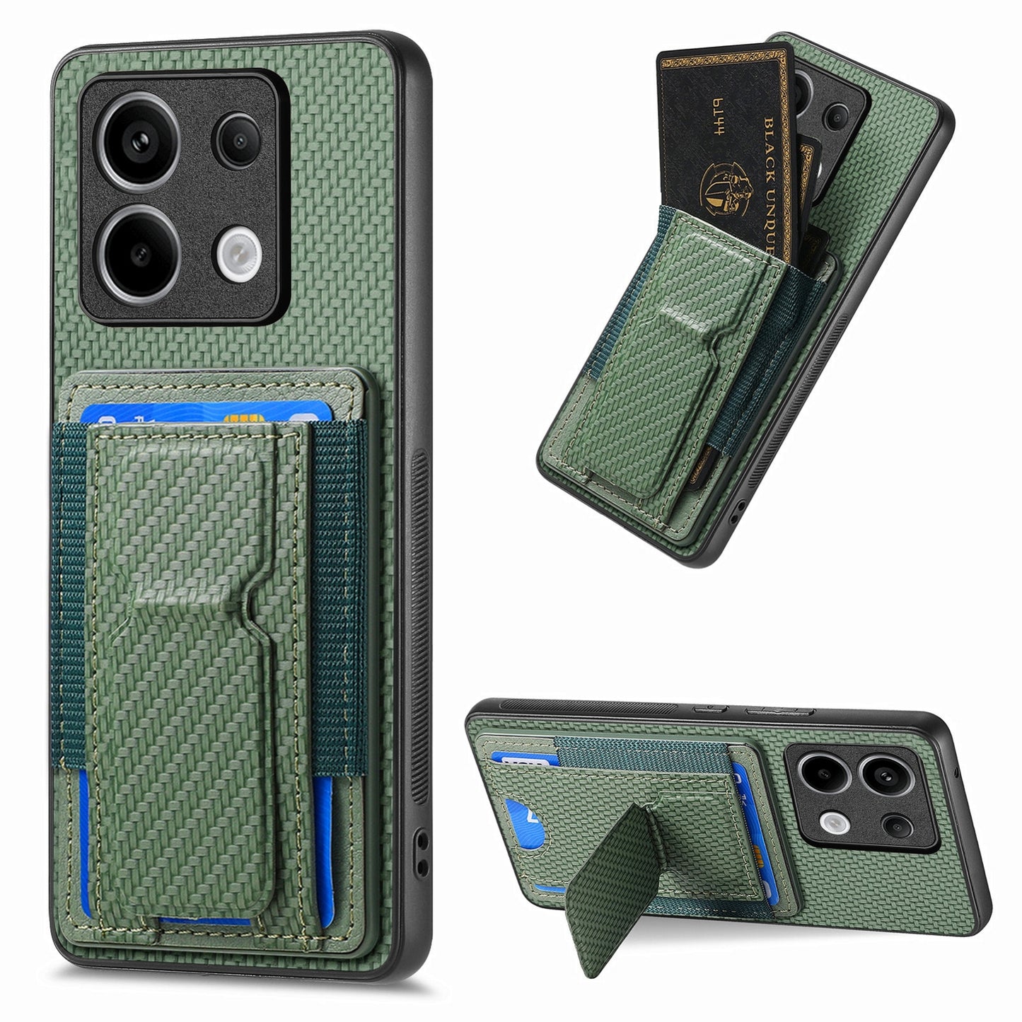 Xiaomi Redmi Note 13 Pro+ Carbon Fiber Fold Stand Elastic Card Bag Phone Case with Multi-Functional Wallet