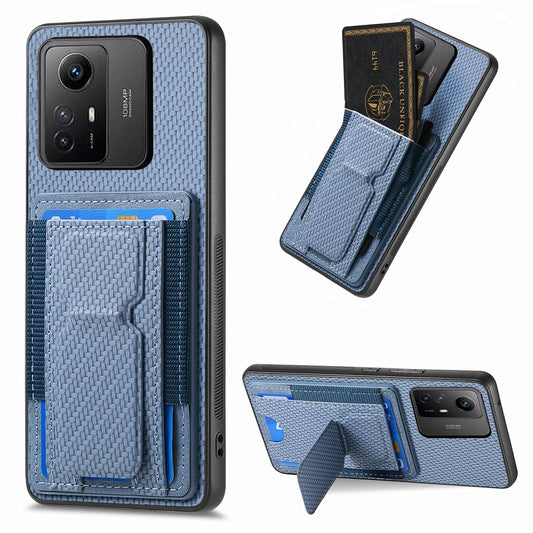 Xiaomi Redmi Note 12S Carbon Fiber Fold Stand Elastic Card Bag Phone Case with Multi-Functional Wallet