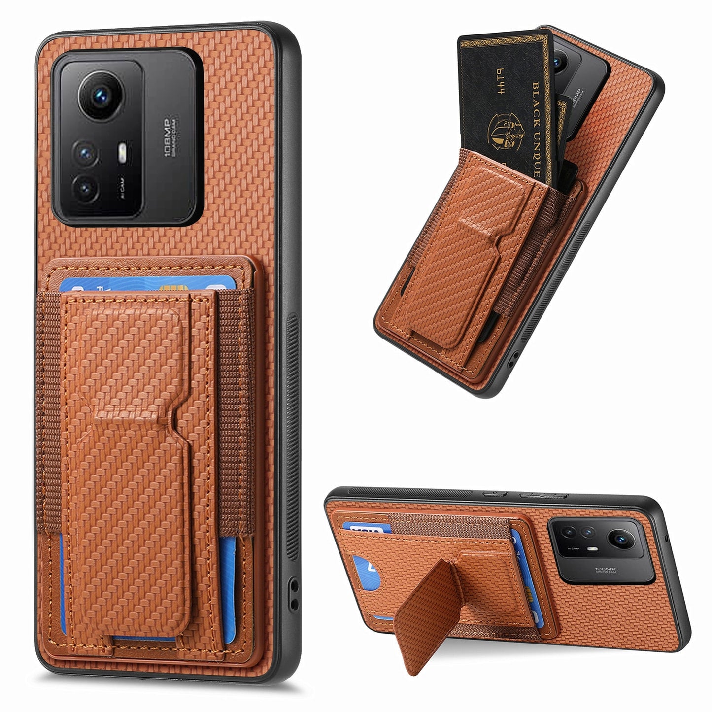 Xiaomi Redmi Note 12S Carbon Fiber Fold Stand Elastic Card Bag Phone Case with Multi-Functional Wallet