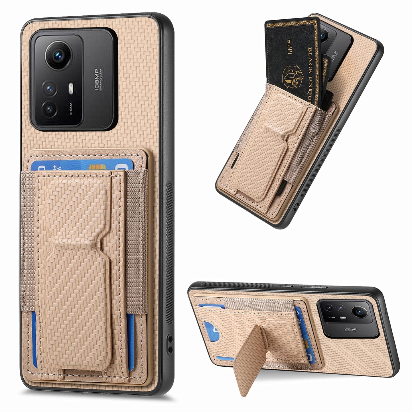 Xiaomi Redmi Note 12S Carbon Fiber Fold Stand Elastic Card Bag Phone Case with Multi-Functional Wallet