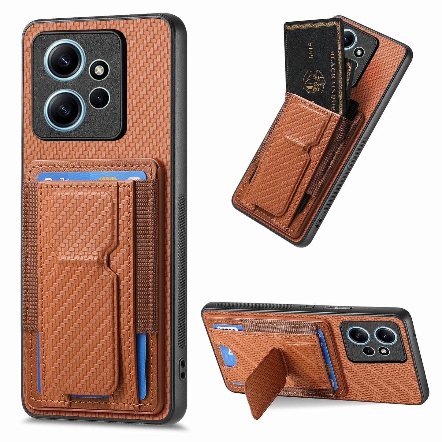 Xiaomi Redmi Note 12 4G Carbon Fiber Fold Stand Elastic Card Bag Phone Case with Multi-Functional Wallet