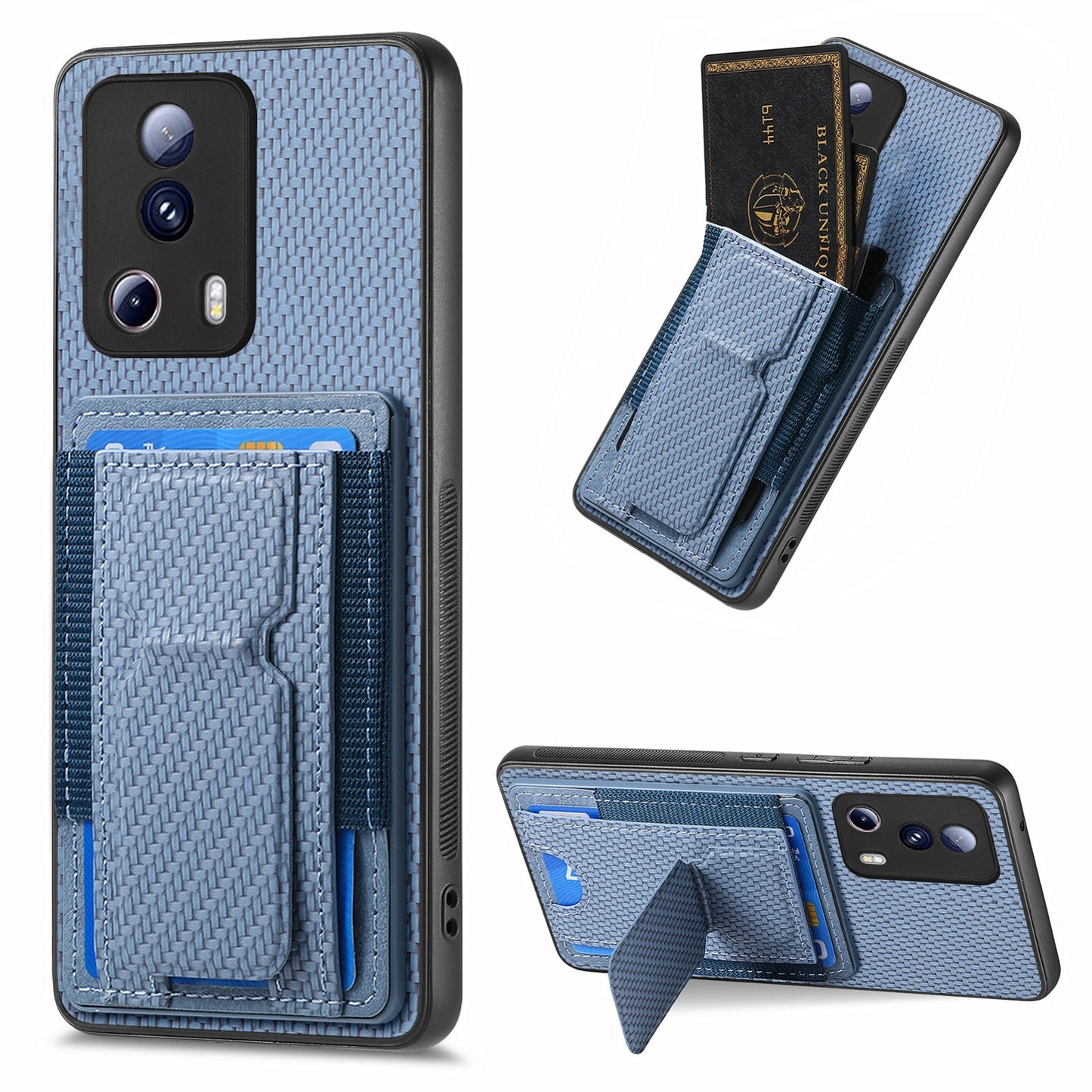 Xiaomi Redmi Note 12 Turbo Carbon Fiber Fold Stand Elastic Card Bag Phone Case with Multi-Functional Wallet