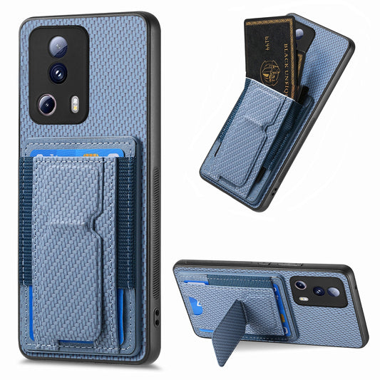 Xiaomi Redmi Note 12 Turbo Carbon Fiber Fold Stand Elastic Card Bag Phone Case with Multi-Functional Wallet