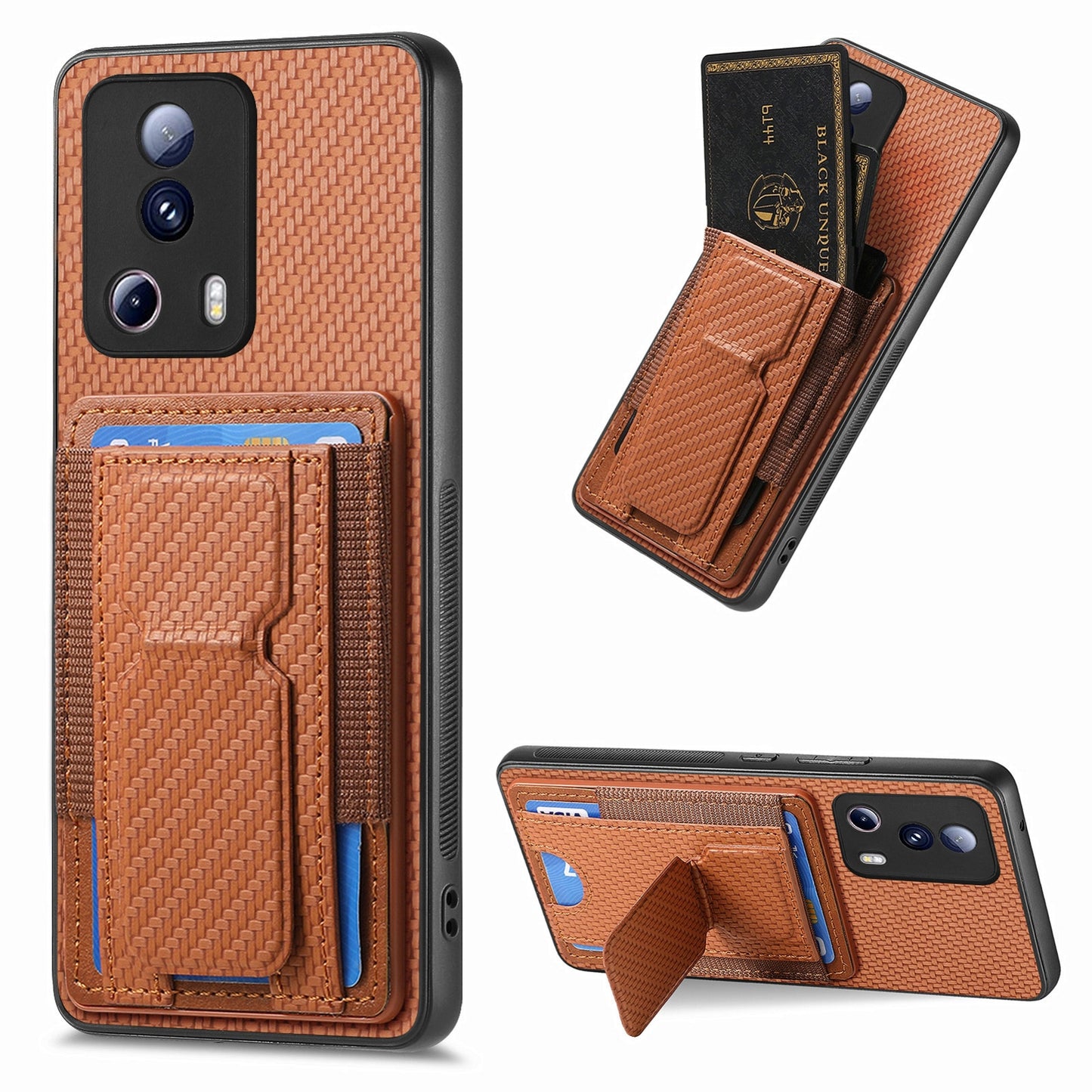Xiaomi Redmi Note 12 Turbo Carbon Fiber Fold Stand Elastic Card Bag Phone Case with Multi-Functional Wallet