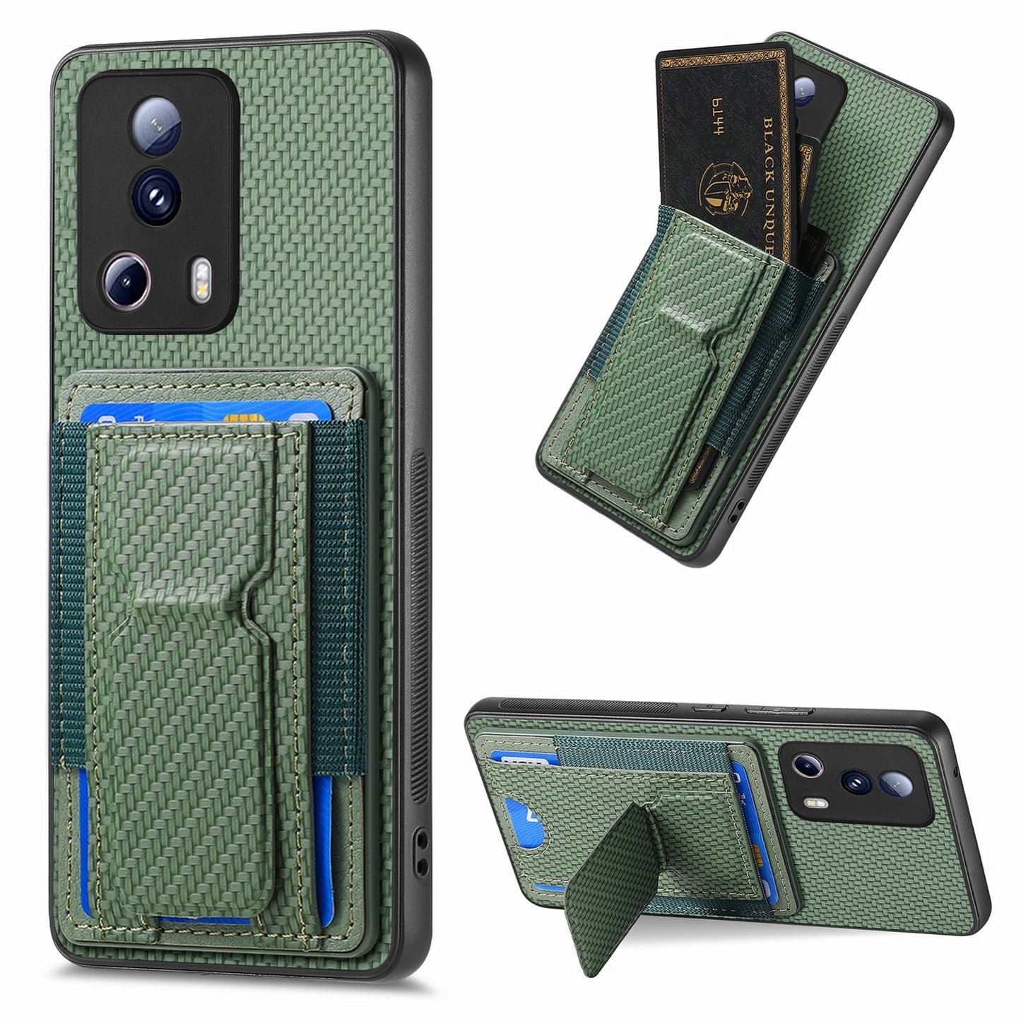 Xiaomi Redmi Note 12 Turbo Carbon Fiber Fold Stand Elastic Card Bag Phone Case with Multi-Functional Wallet