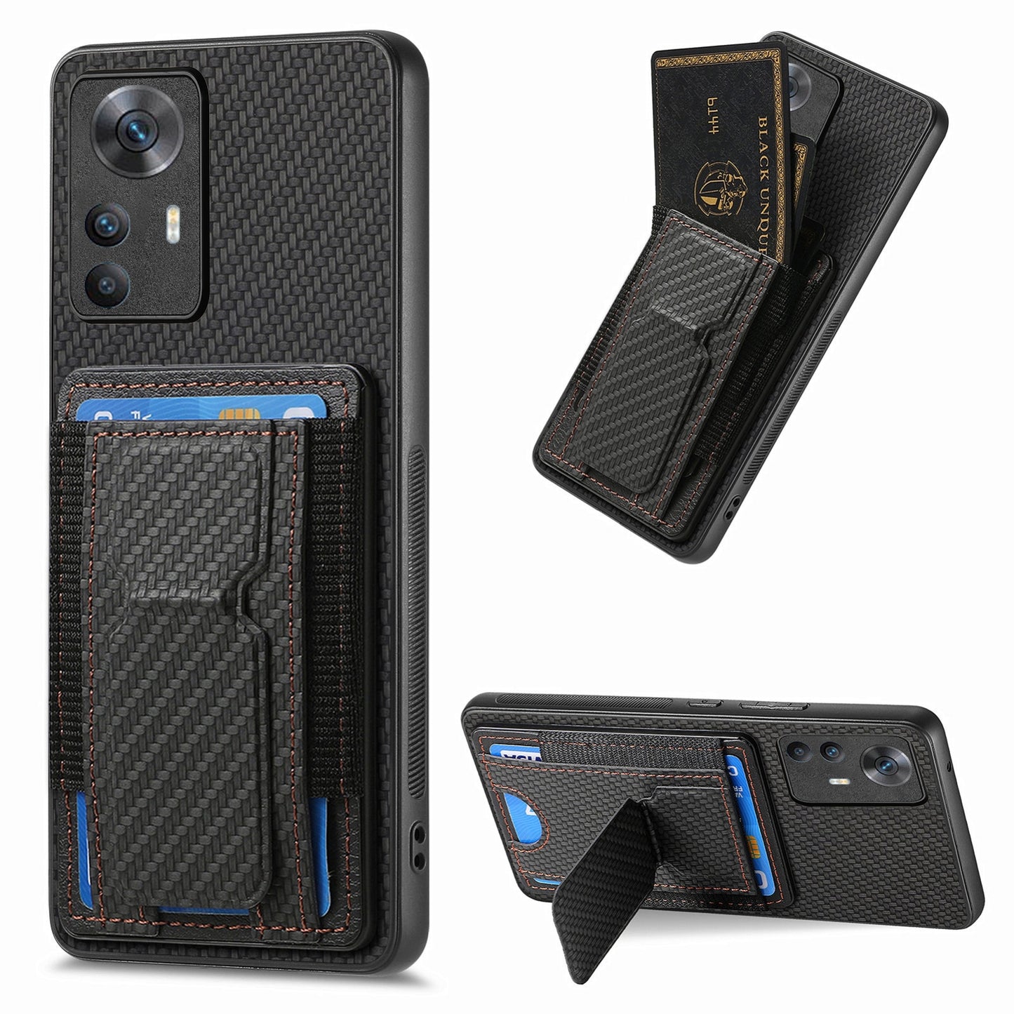 Xiaomi Redmi K50 Ultra Carbon Fiber Fold Stand Elastic Card Bag Phone Case with Multi-Functional Wallet