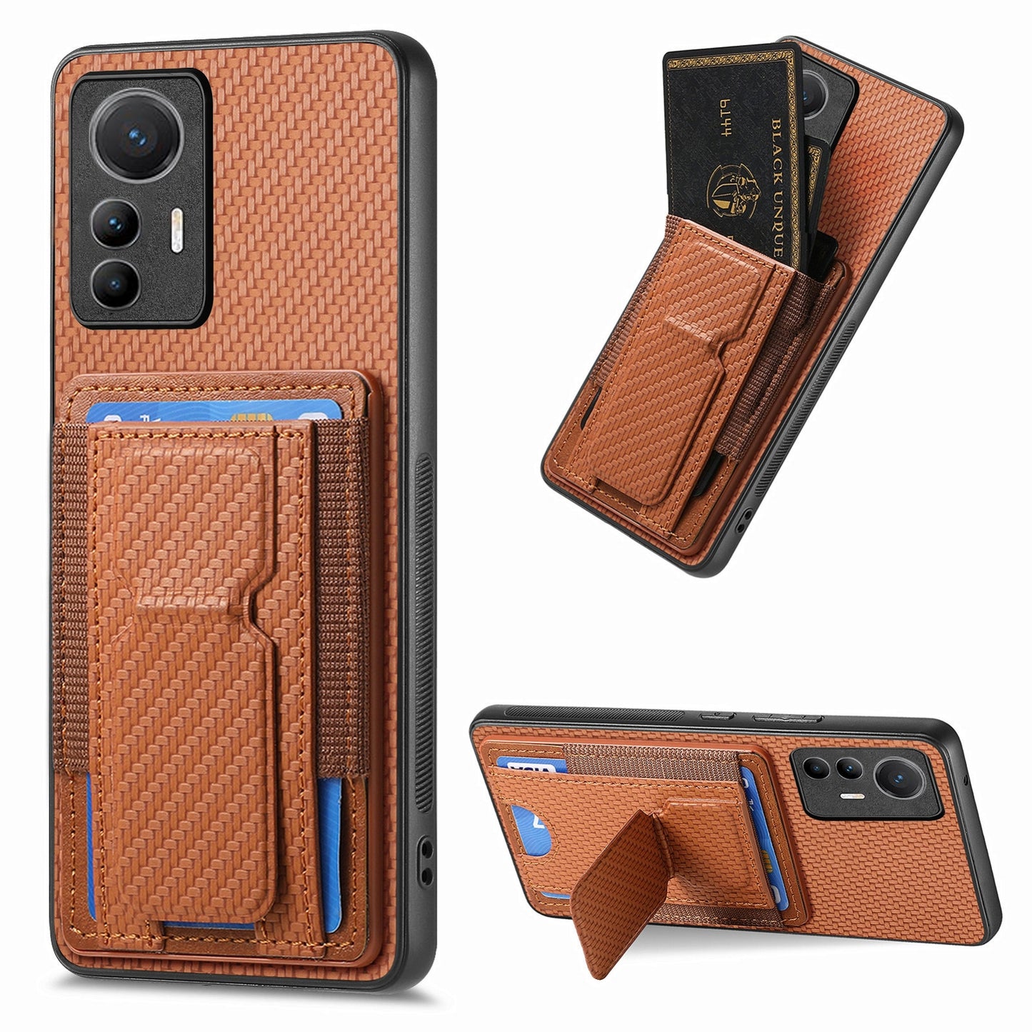 For Xiaomi 12 Lite Carbon Fiber Fold Stand Elastic Card Bag Phone Case with Multi-Functional Wallet