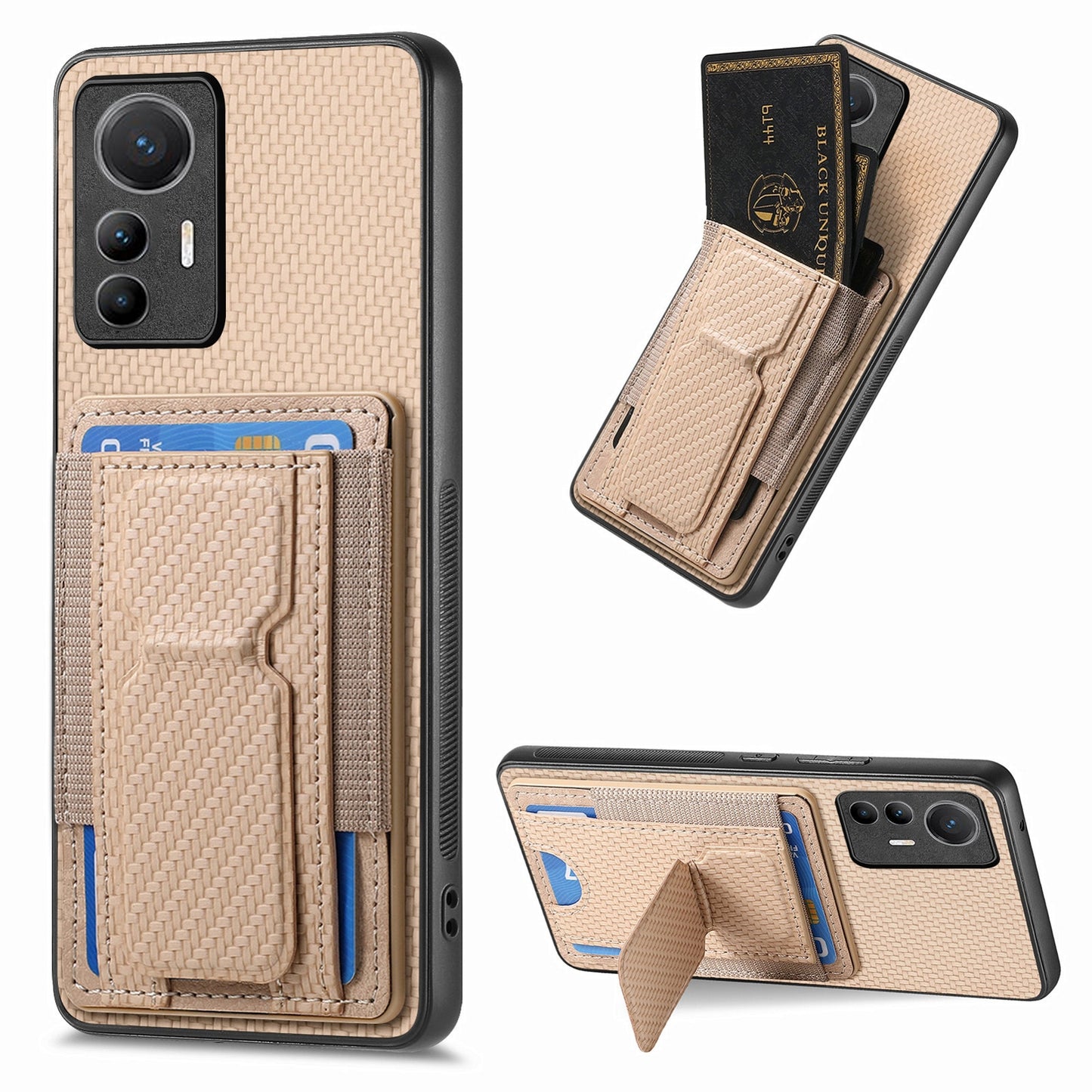 For Xiaomi 12 Lite Carbon Fiber Fold Stand Elastic Card Bag Phone Case with Multi-Functional Wallet