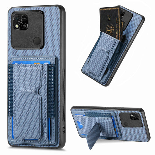 Xiaomi Redmi 10A Carbon Fiber Fold Stand Elastic Card Bag Phone Case with Multi-Functional Wallet