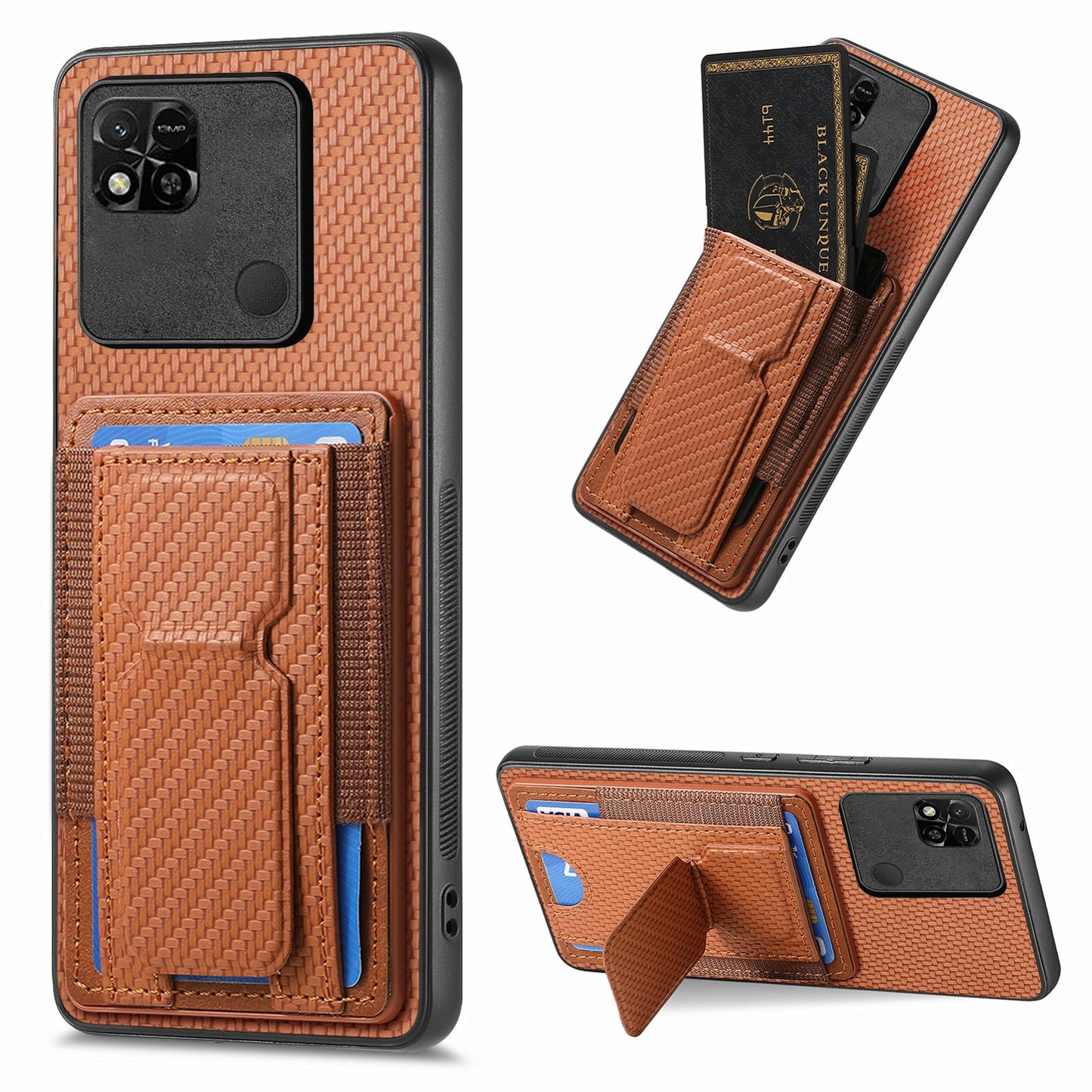 Xiaomi Redmi 10A Carbon Fiber Fold Stand Elastic Card Bag Phone Case with Multi-Functional Wallet