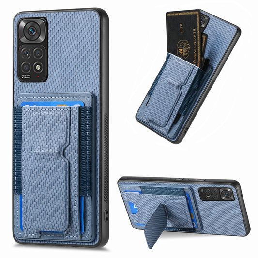 Xiaomi Redmi Note 11S Carbon Fiber Fold Stand Elastic Card Bag Phone Case with Multi-Functional Wallet