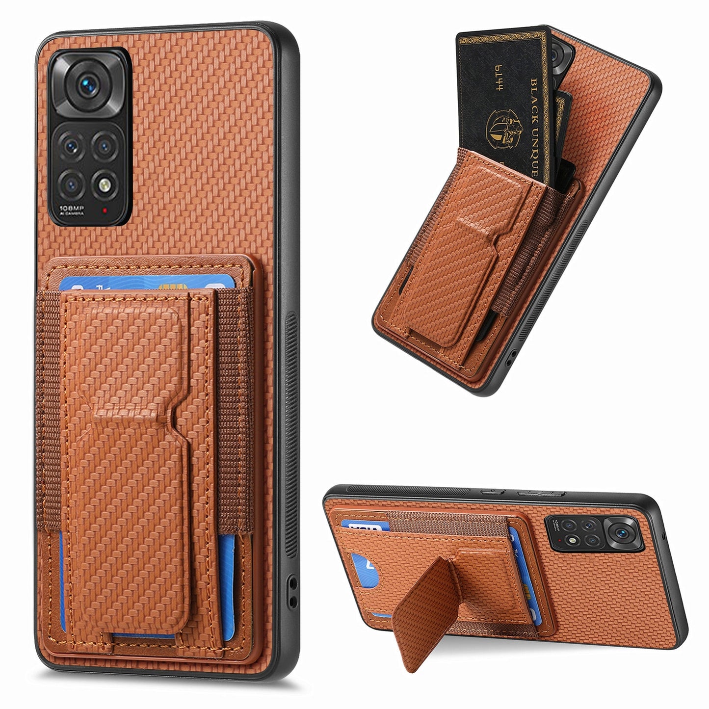Xiaomi Redmi Note 11S Carbon Fiber Fold Stand Elastic Card Bag Phone Case with Multi-Functional Wallet