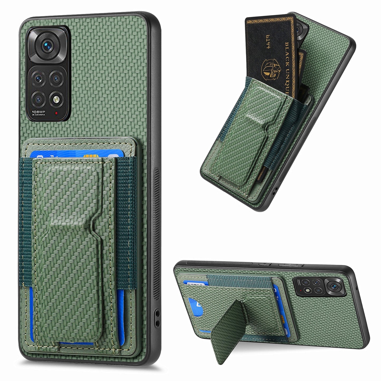 Xiaomi Redmi Note 11S Carbon Fiber Fold Stand Elastic Card Bag Phone Case with Multi-Functional Wallet