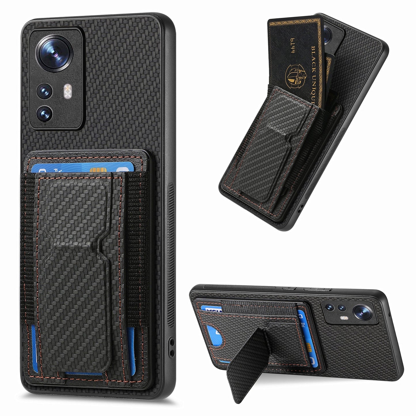 For Xiaomi 12 Pro Carbon Fiber Fold Stand Elastic Card Bag Phone Case with Multi-Functional Wallet