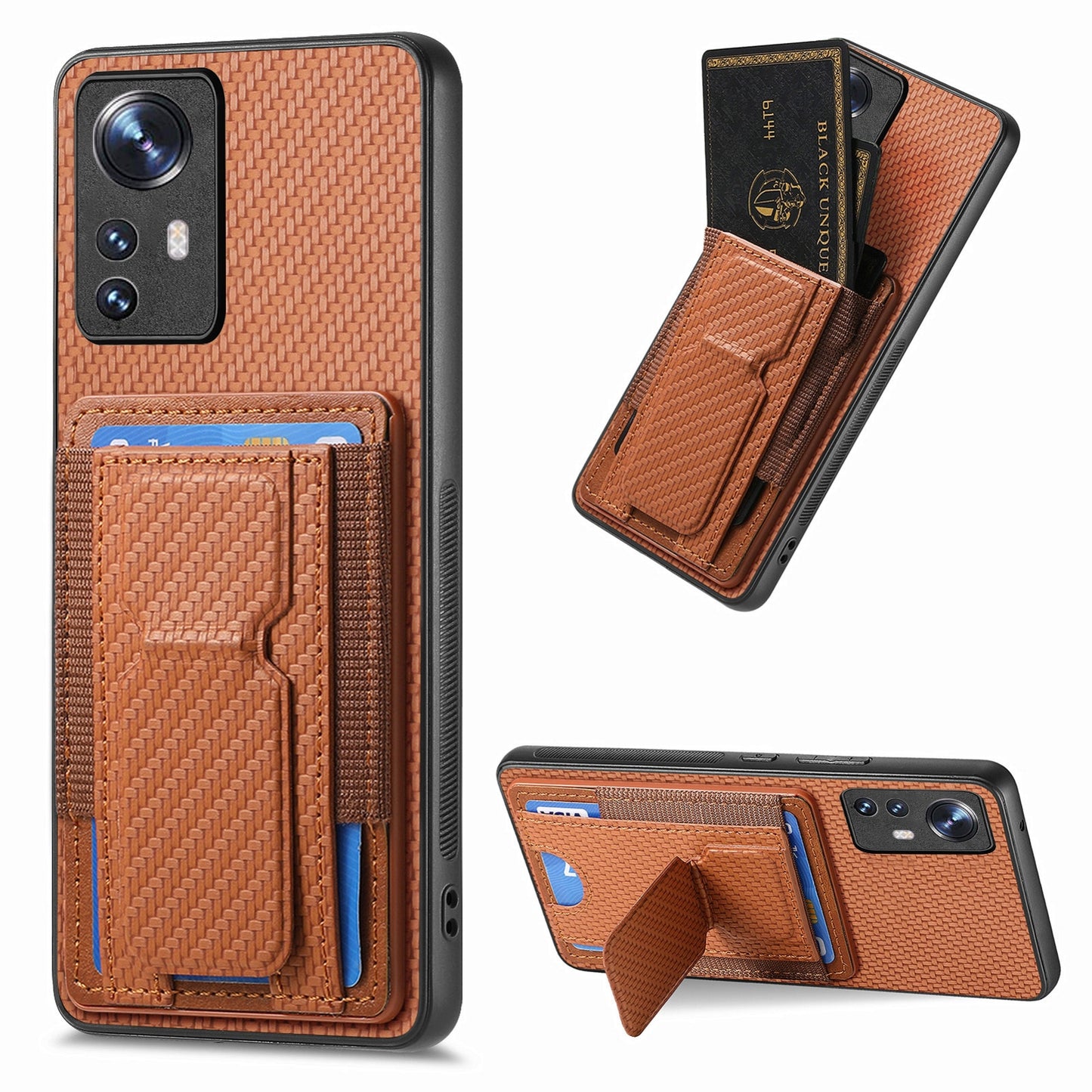 For Xiaomi 12 Pro Carbon Fiber Fold Stand Elastic Card Bag Phone Case with Multi-Functional Wallet
