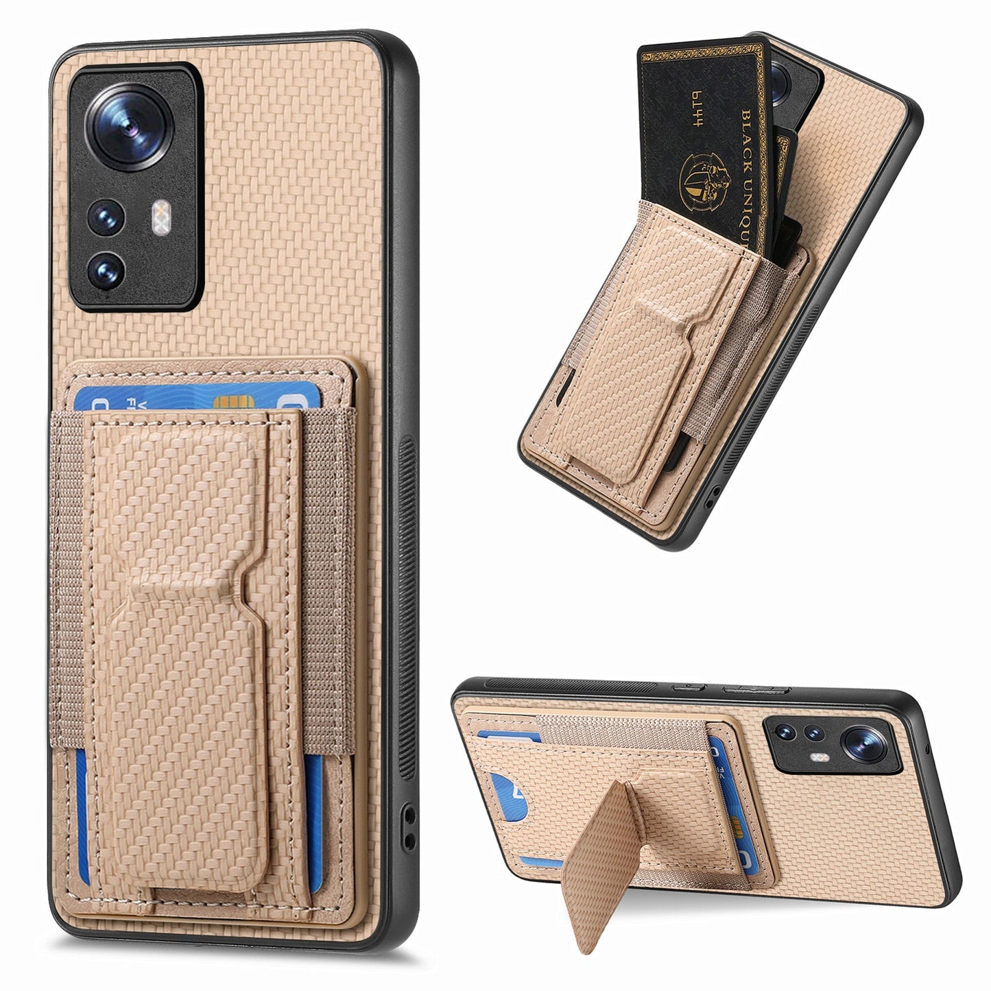 For Xiaomi 12 Pro Carbon Fiber Fold Stand Elastic Card Bag Phone Case with Multi-Functional Wallet