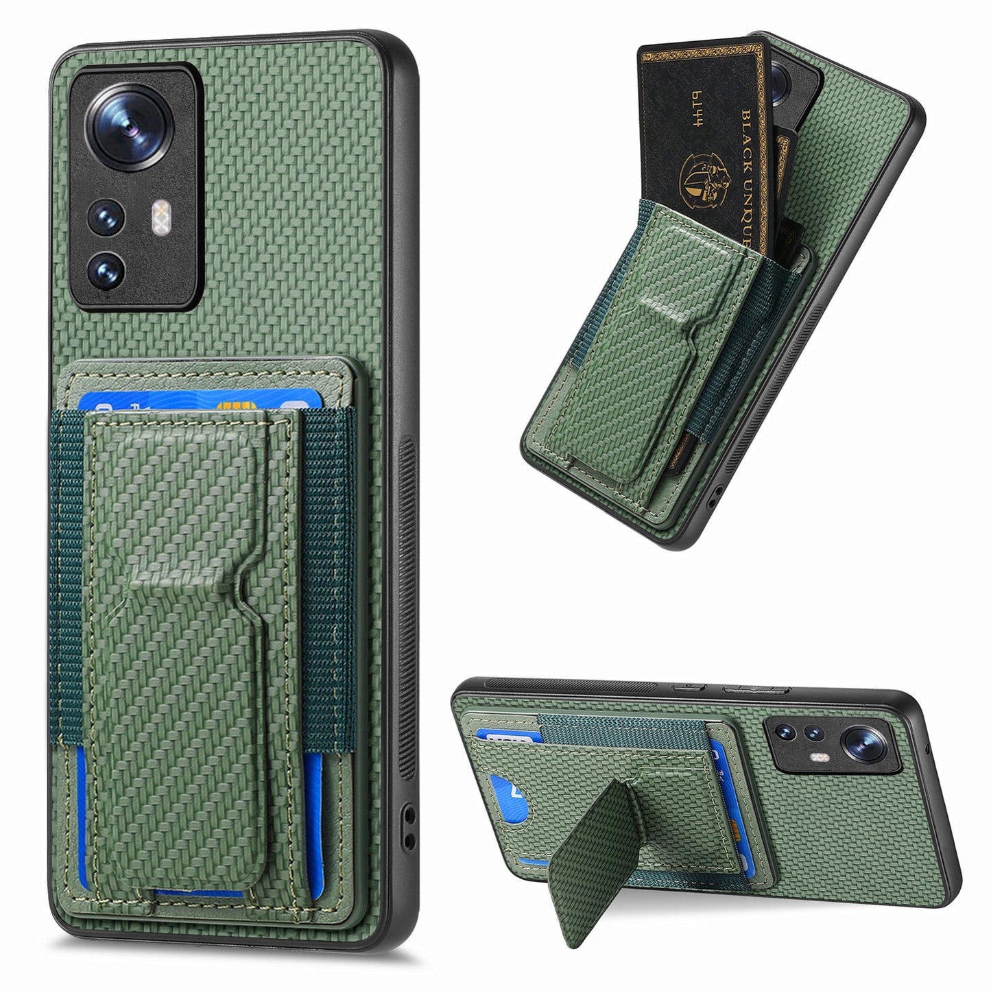 For Xiaomi 12 Pro Carbon Fiber Fold Stand Elastic Card Bag Phone Case with Multi-Functional Wallet