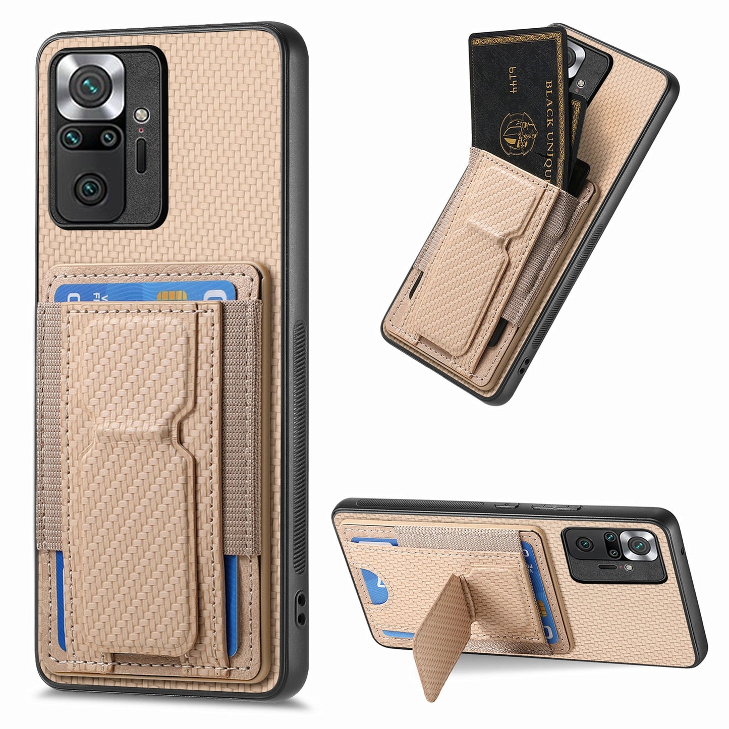 Xiaomi Redmi Note 10 Pro 5G Carbon Fiber Fold Stand Elastic Card Bag Phone Case with Multi-Functional Wallet