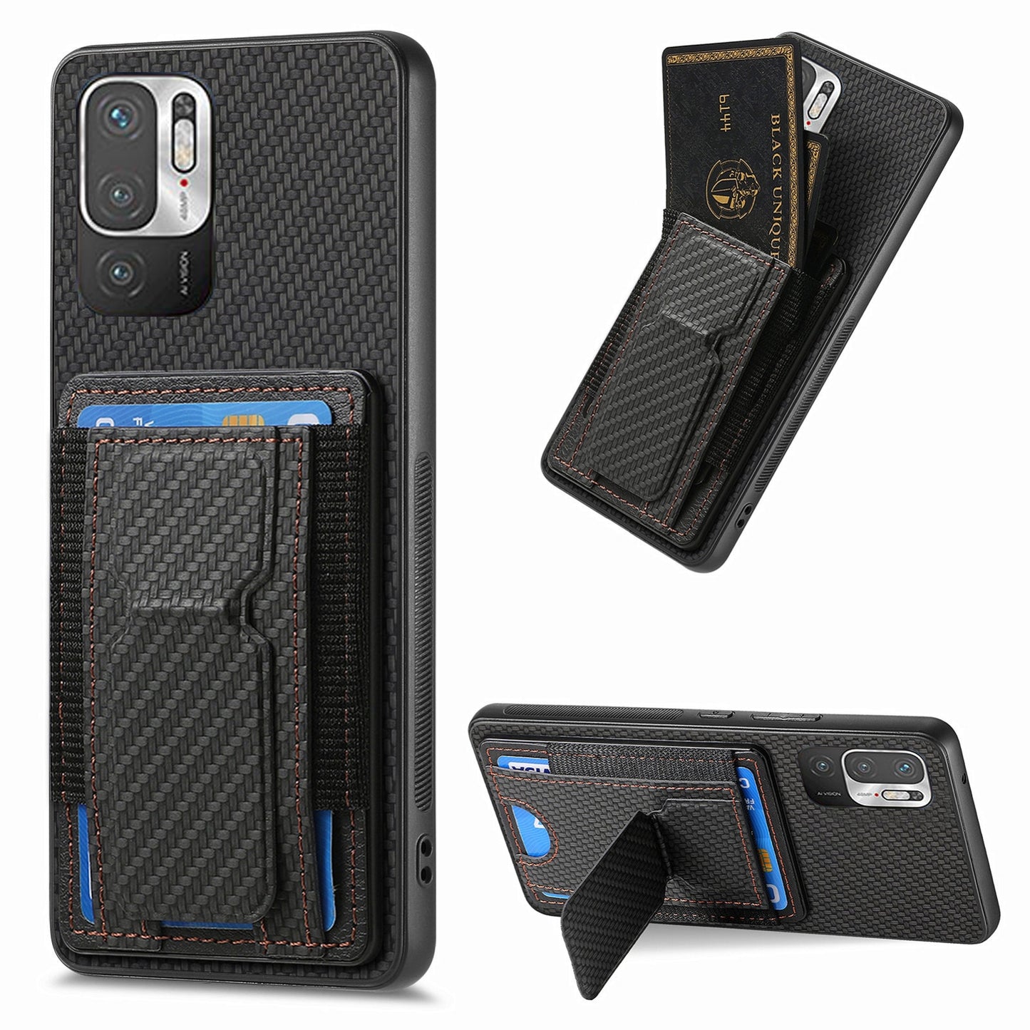 Xiaomi Redmi Note 10 5G Carbon Fiber Fold Stand Elastic Card Bag Phone Case with Multi-Functional Wallet