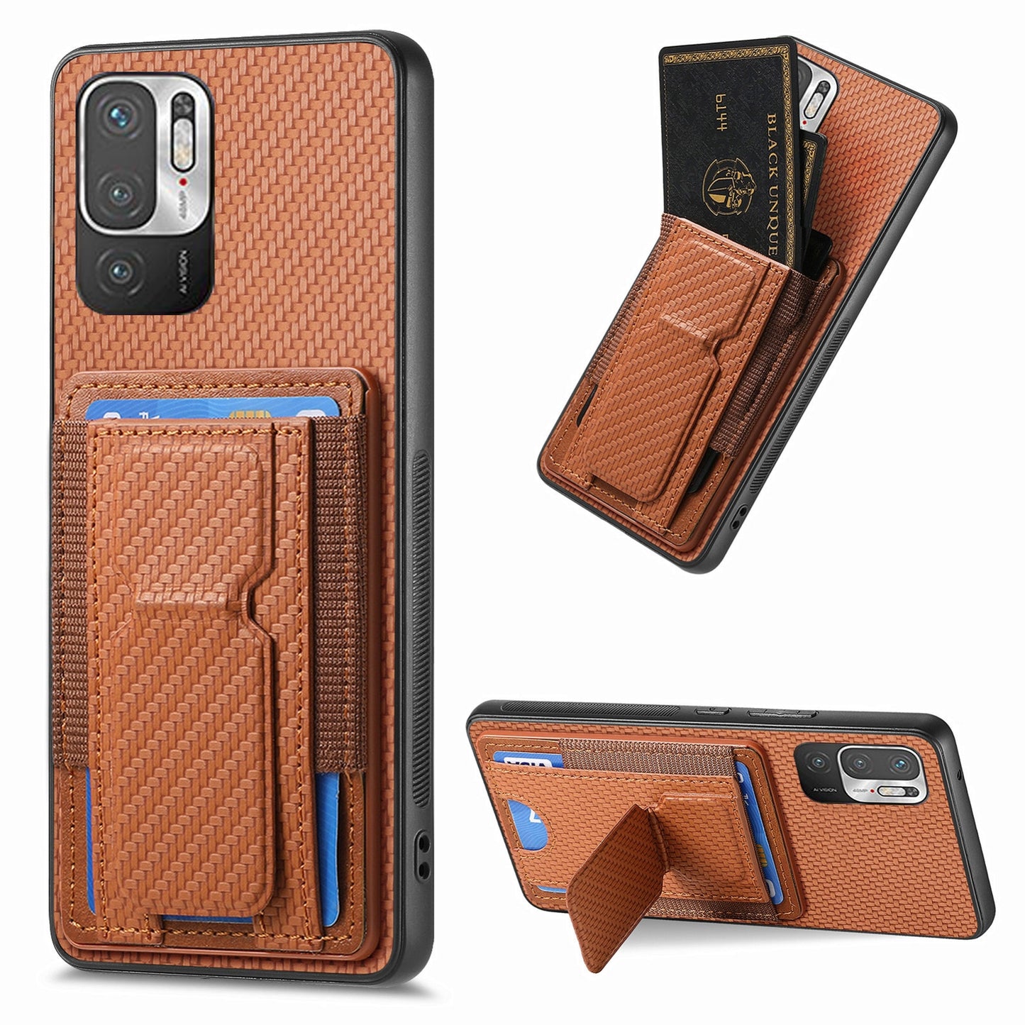 Xiaomi Redmi Note 10 5G Carbon Fiber Fold Stand Elastic Card Bag Phone Case with Multi-Functional Wallet