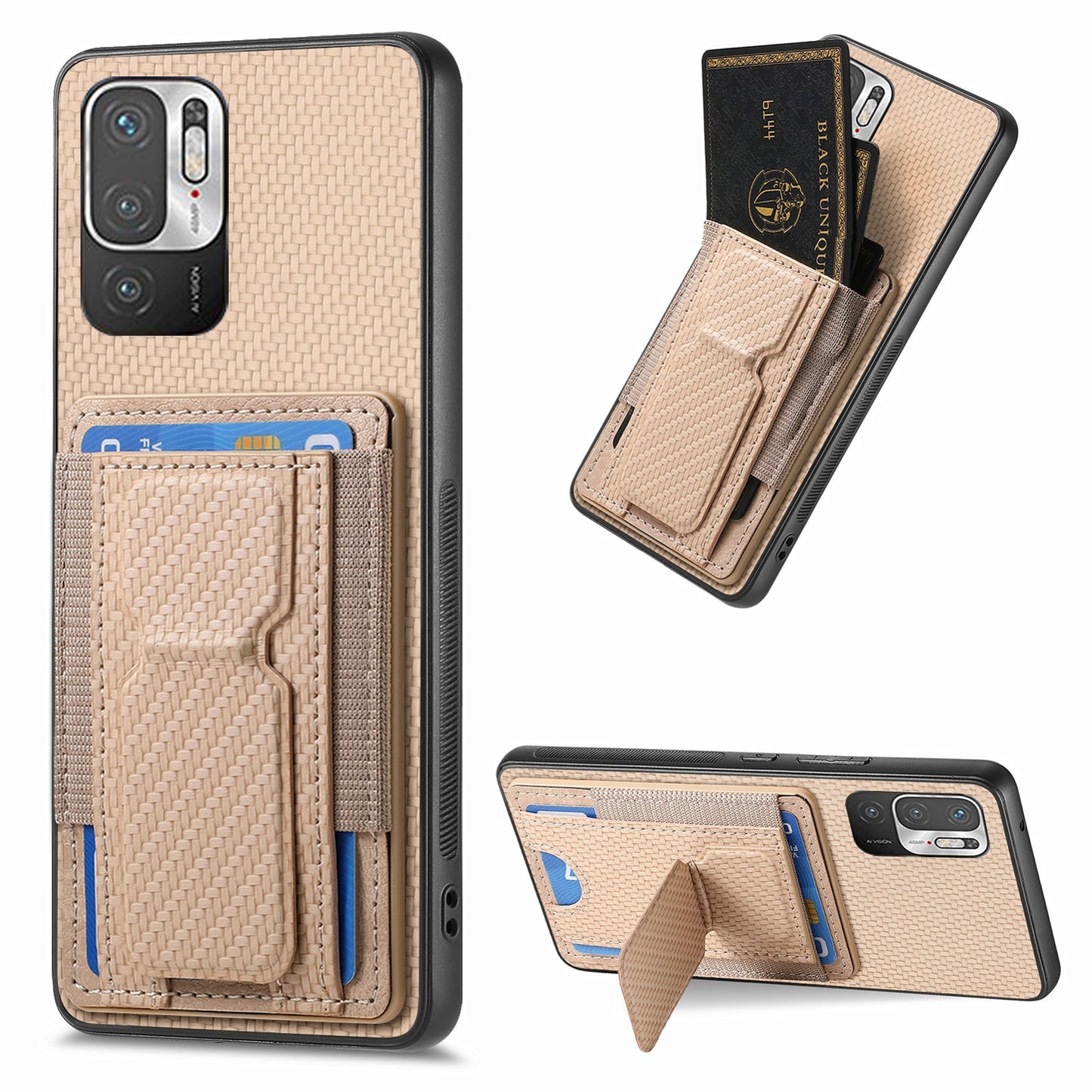 Xiaomi Redmi Note 10 5G Carbon Fiber Fold Stand Elastic Card Bag Phone Case with Multi-Functional Wallet