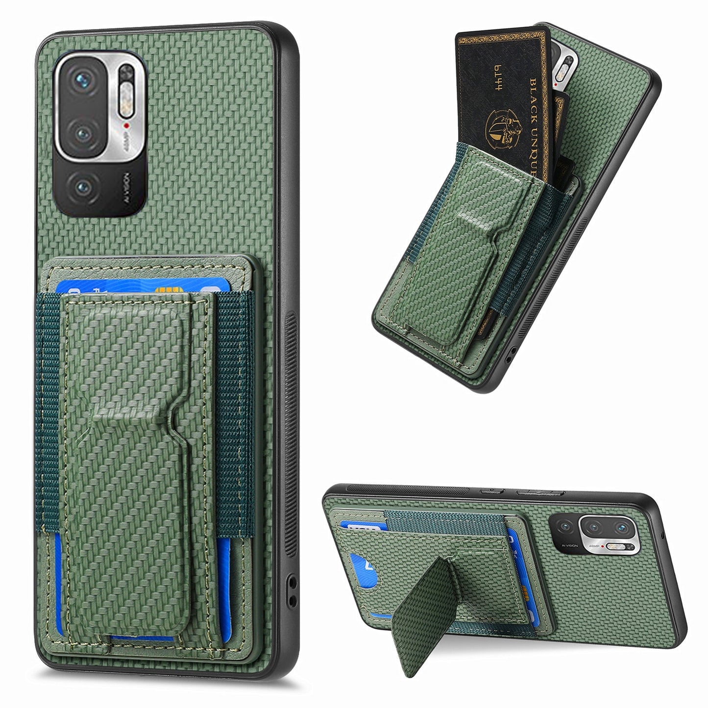 Xiaomi Redmi Note 10 5G Carbon Fiber Fold Stand Elastic Card Bag Phone Case with Multi-Functional Wallet