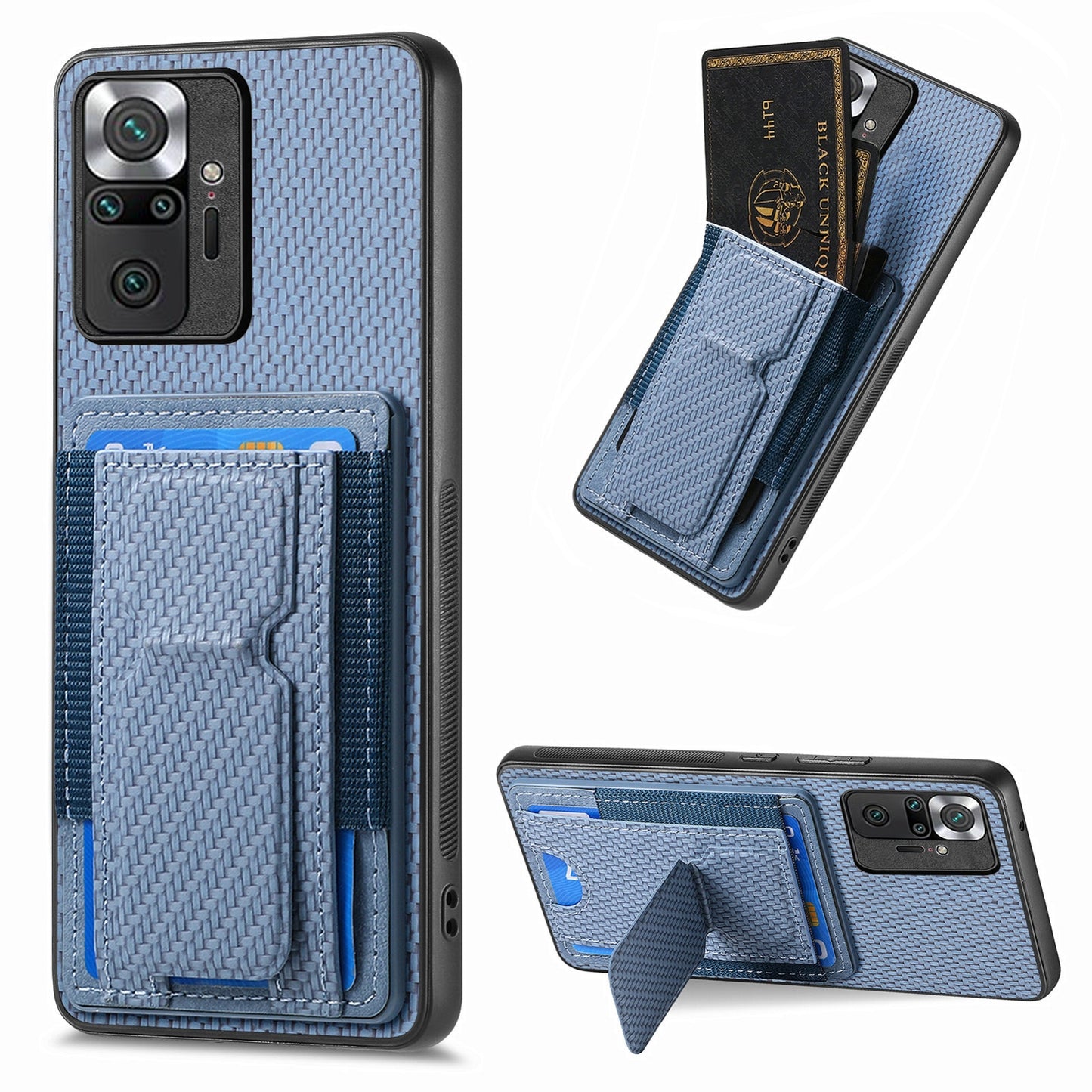 Xiaomi Redmi Note 10 Pro 4G Carbon Fiber Fold Stand Elastic Card Bag Phone Case with Multi-Functional Wallet