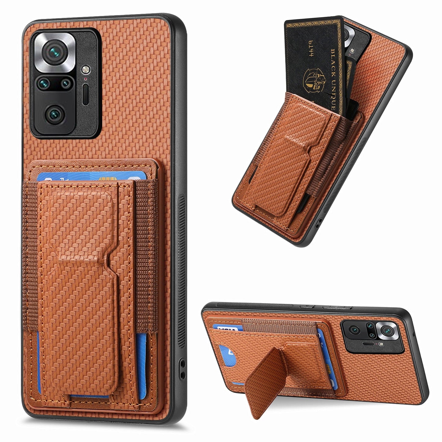 Xiaomi Redmi Note 10 Pro 4G Carbon Fiber Fold Stand Elastic Card Bag Phone Case with Multi-Functional Wallet
