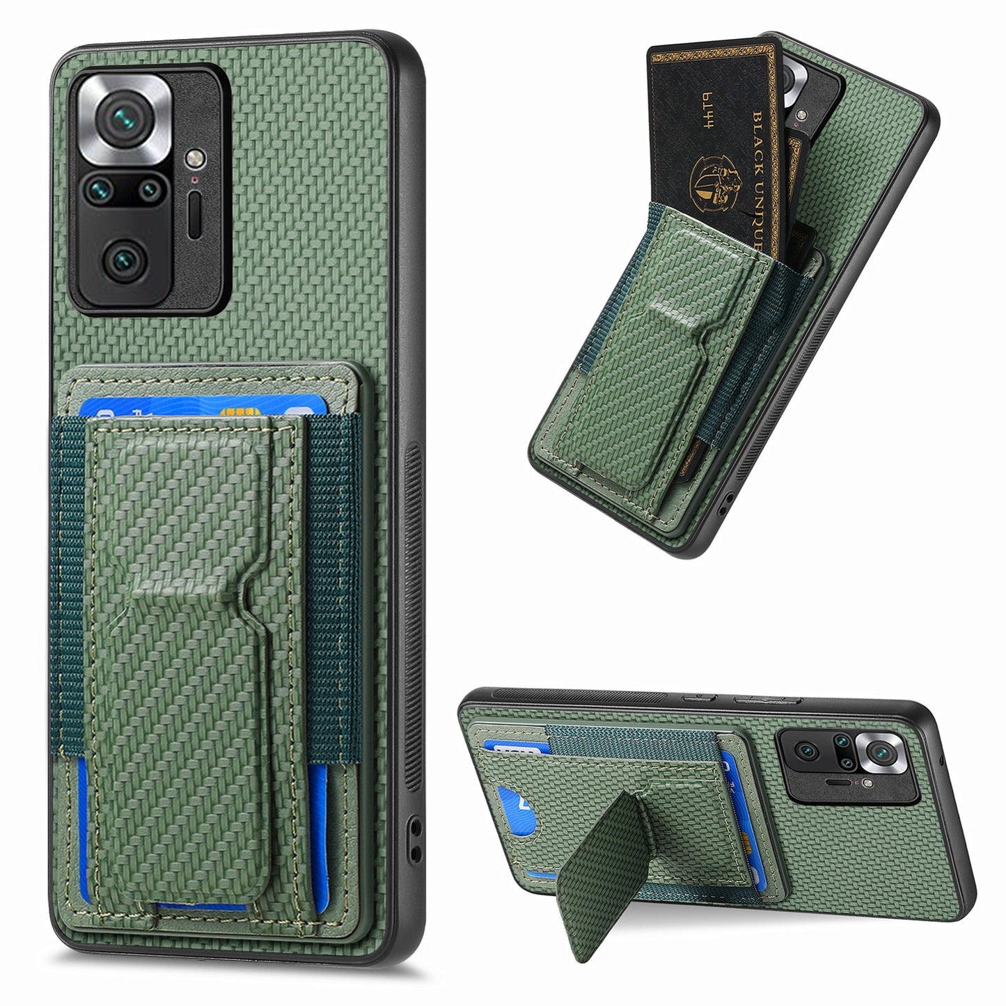 Xiaomi Redmi Note 10 Pro 4G Carbon Fiber Fold Stand Elastic Card Bag Phone Case with Multi-Functional Wallet