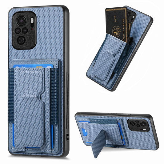 Xiaomi Redmi Note 10 4G Carbon Fiber Fold Stand Elastic Card Bag Phone Case with Multi-Functional Wallet
