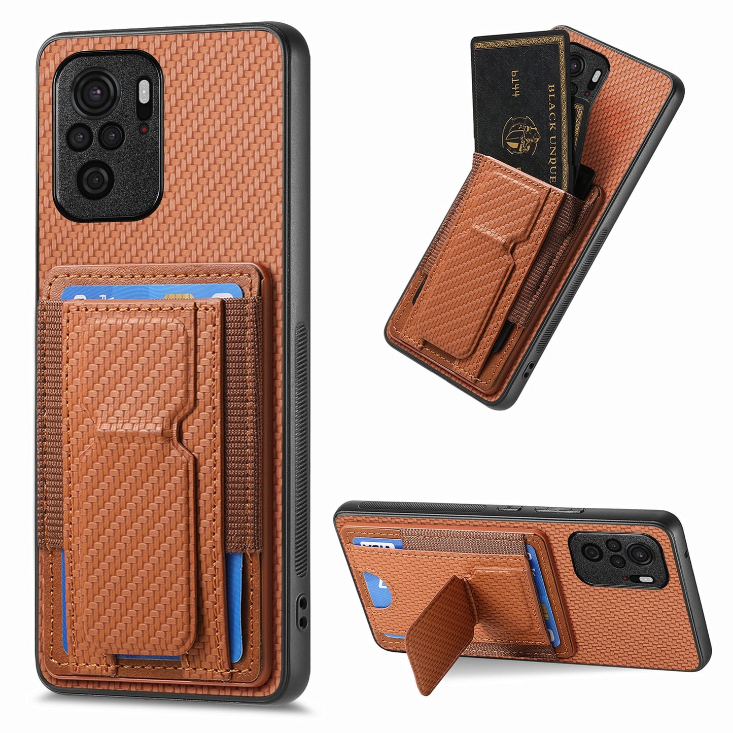 Xiaomi Redmi Note 10 4G Carbon Fiber Fold Stand Elastic Card Bag Phone Case with Multi-Functional Wallet