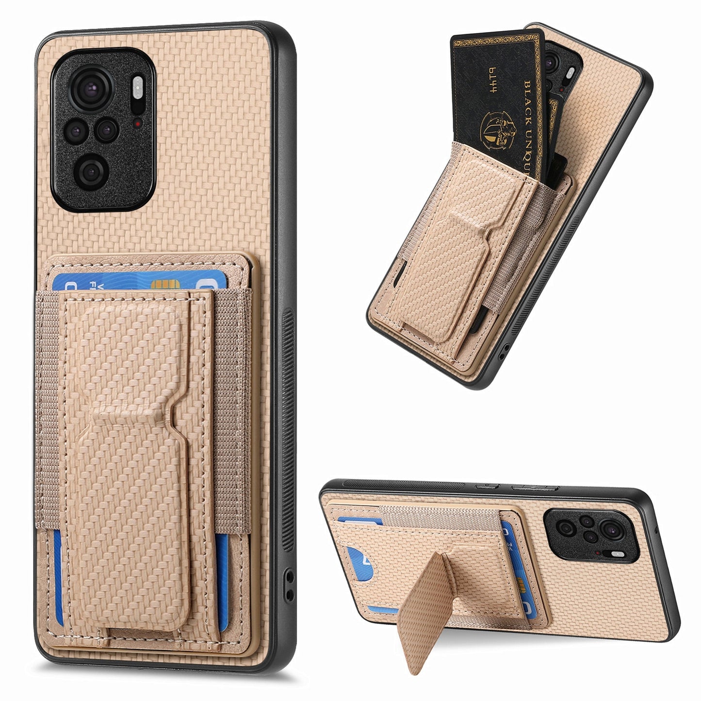 Xiaomi Redmi Note 10 4G Carbon Fiber Fold Stand Elastic Card Bag Phone Case with Multi-Functional Wallet