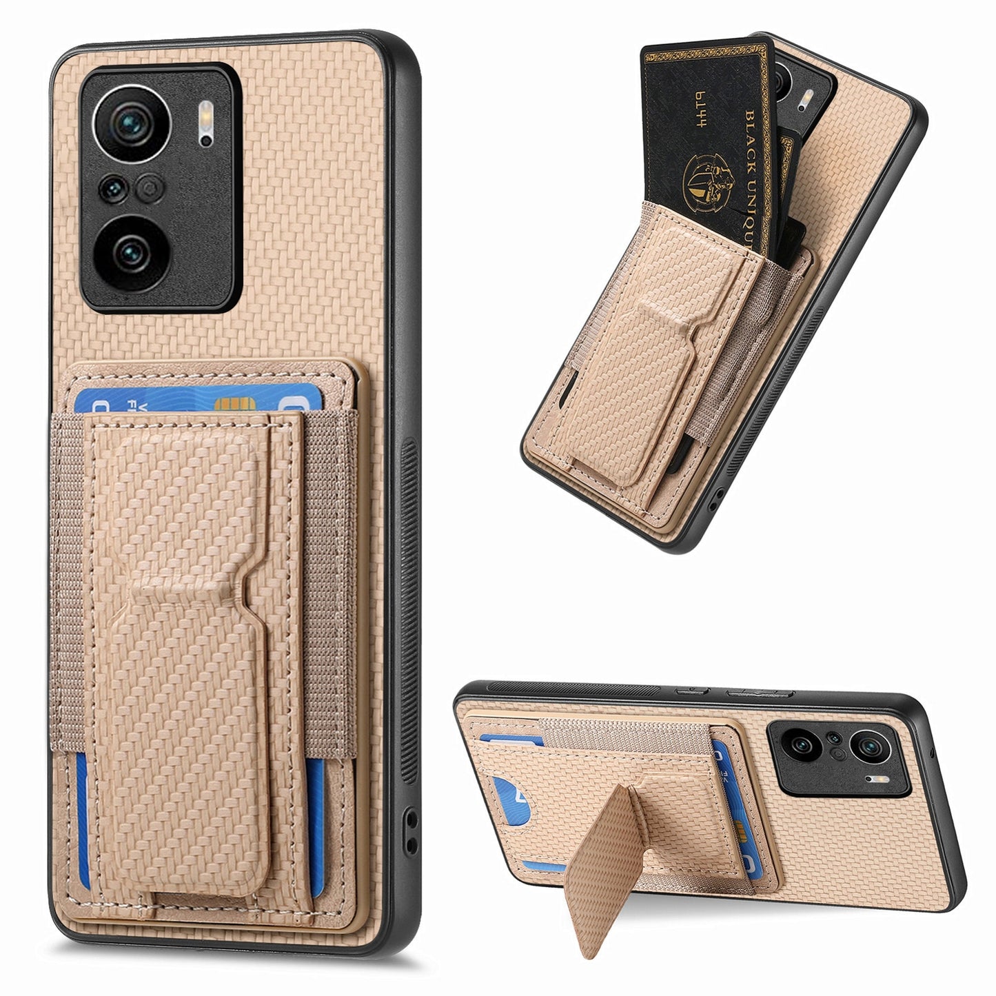 Xiaomi Redmi K40 Carbon Fiber Fold Stand Elastic Card Bag Phone Case with Multi-Functional Wallet