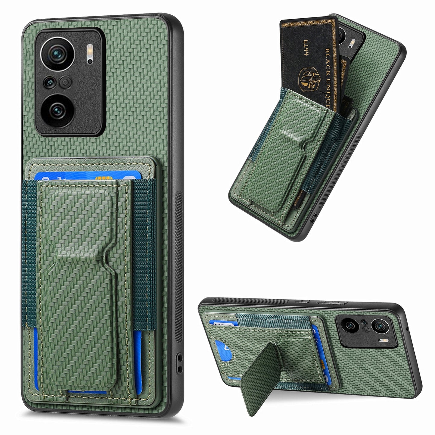 Xiaomi Redmi K40 Carbon Fiber Fold Stand Elastic Card Bag Phone Case with Multi-Functional Wallet