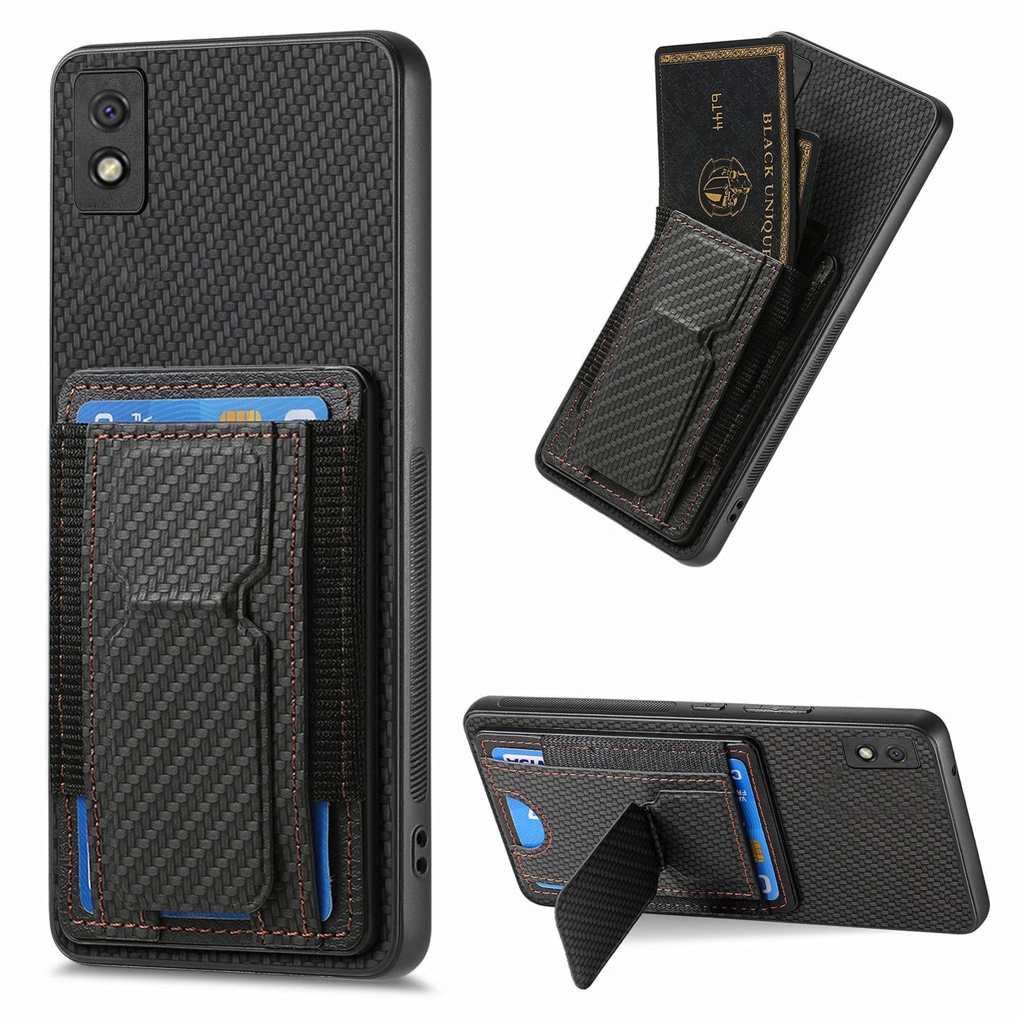 Xiaomi Redmi 9A Carbon Fiber Fold Stand Elastic Card Bag Phone Case with Multi-Functional Wallet