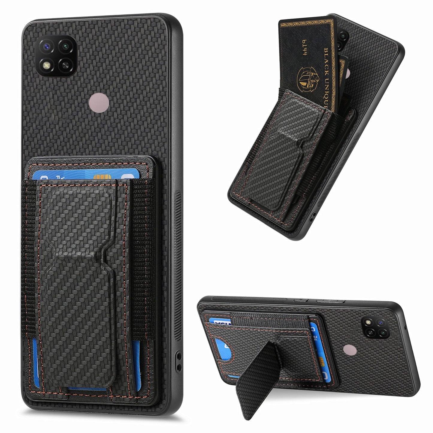 Xiaomi Redmi 9C Carbon Fiber Fold Stand Elastic Card Bag Phone Case with Multi-Functional Wallet