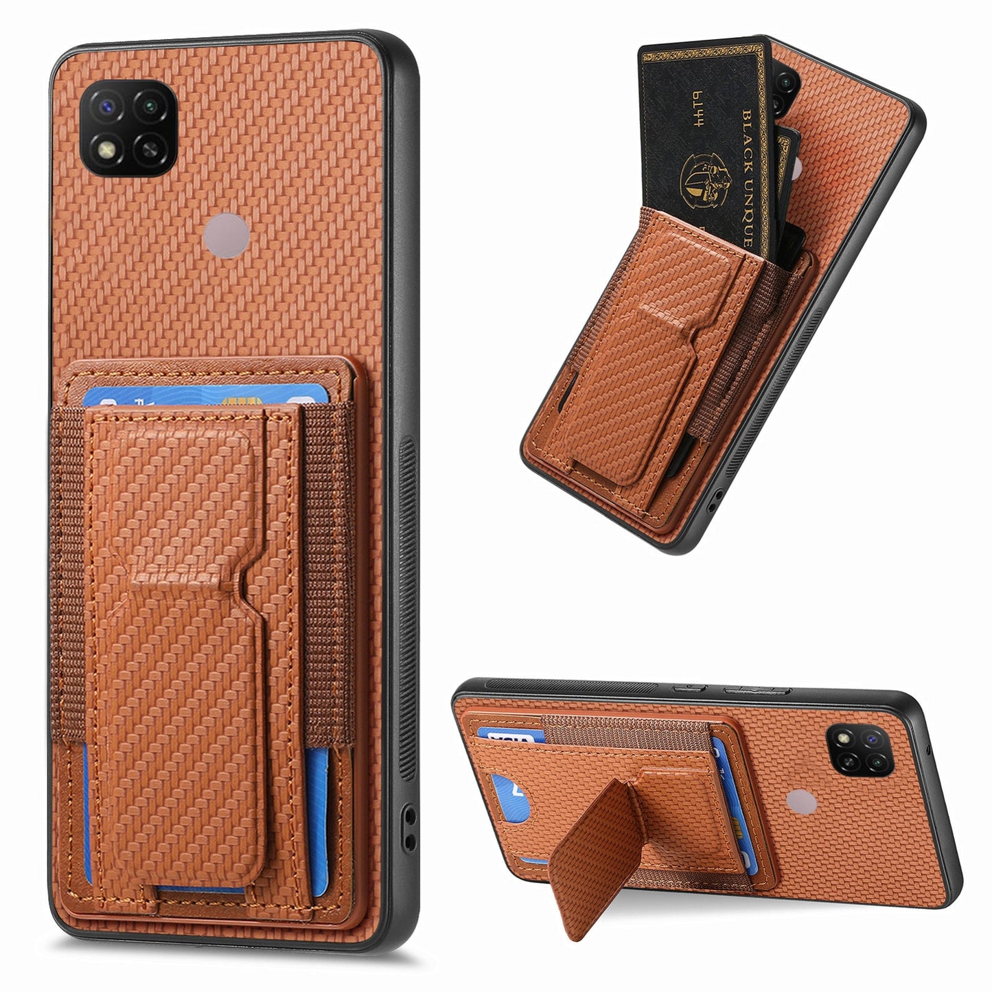 Xiaomi Redmi 9C Carbon Fiber Fold Stand Elastic Card Bag Phone Case with Multi-Functional Wallet