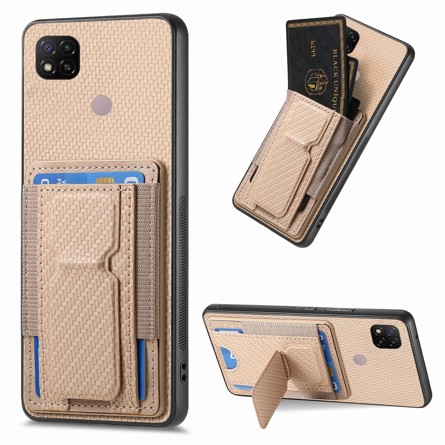 Xiaomi Redmi 9C Carbon Fiber Fold Stand Elastic Card Bag Phone Case with Multi-Functional Wallet