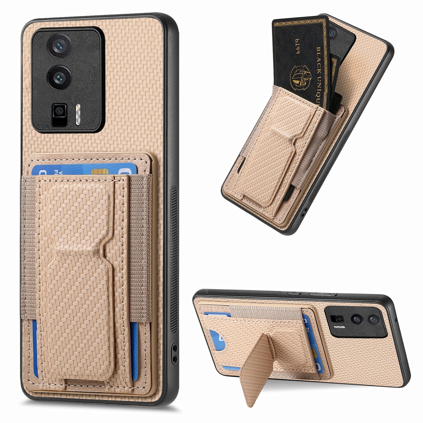 Xiaomi Redmi K60 / K60 Pro Carbon Fiber Fold Stand Elastic Card Bag Phone Case with Multi-Functional Wallet