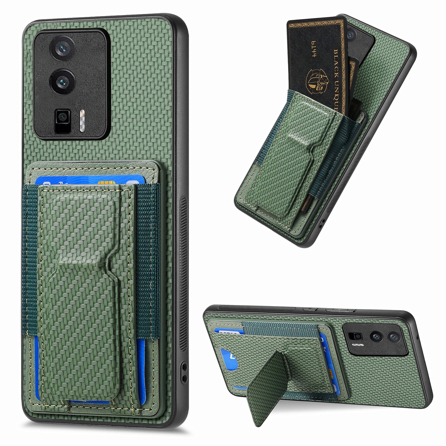 Xiaomi Redmi K60 / K60 Pro Carbon Fiber Fold Stand Elastic Card Bag Phone Case with Multi-Functional Wallet