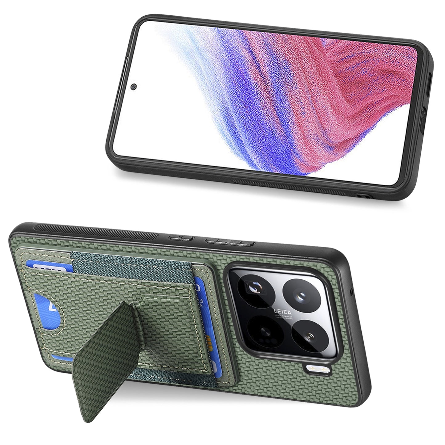 Xiaomi 15 Carbon Fiber Fold Stand Elastic Card Bag Phone Case with Multi-Functional Wallet