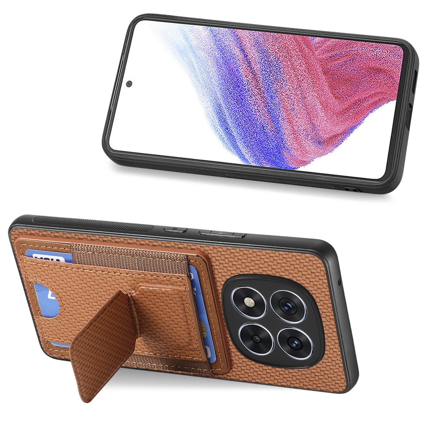 Xiaomi Redmi Note 14 5G Carbon Fiber Fold Stand Elastic Card Bag Phone Case with Multi-Functional Wallet