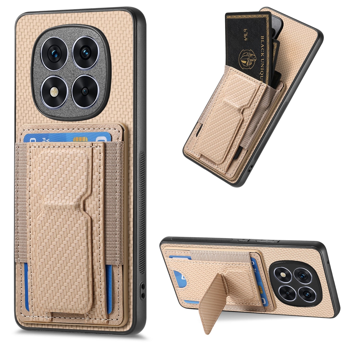 Xiaomi Redmi Note 14 5G Carbon Fiber Fold Stand Elastic Card Bag Phone Case with Multi-Functional Wallet