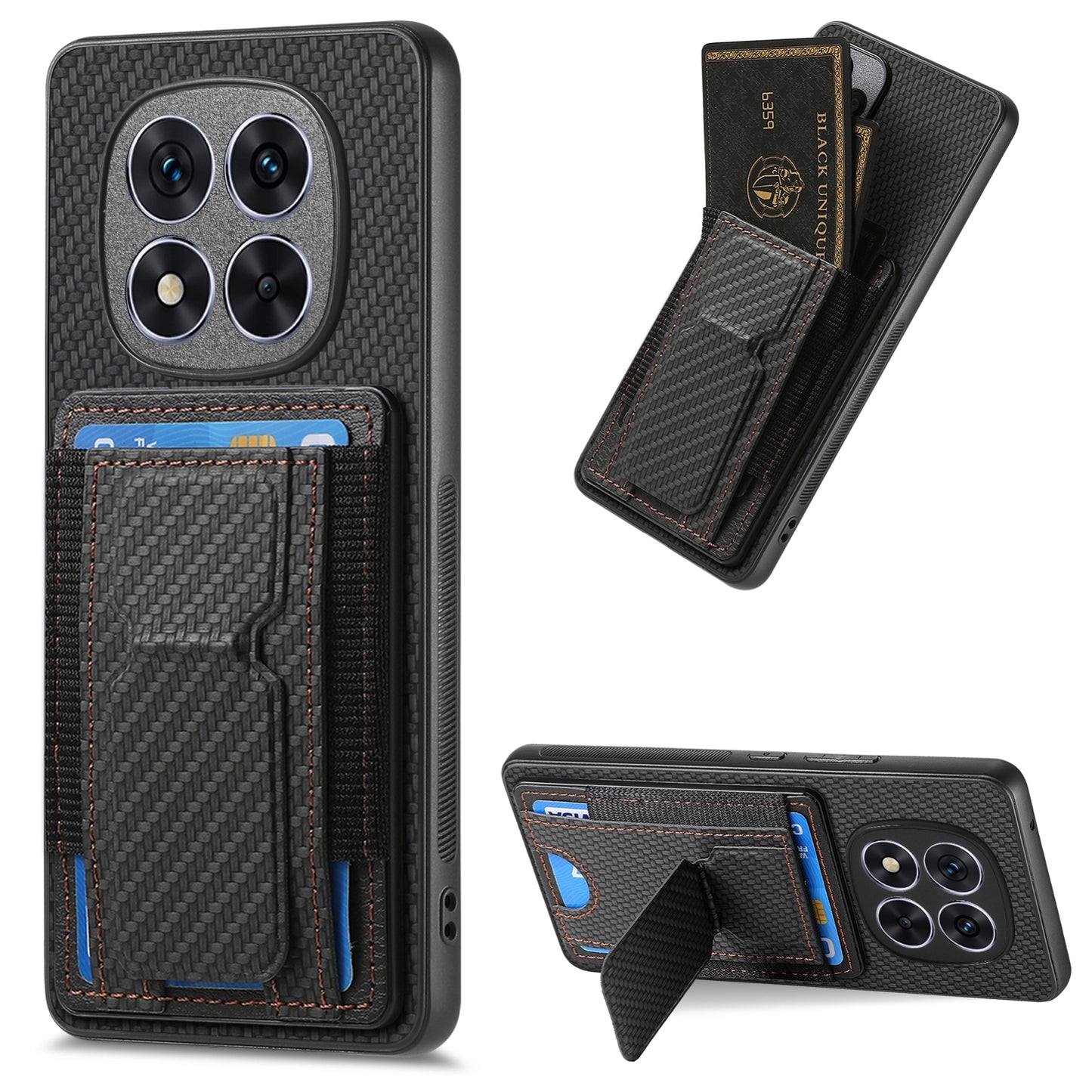 Xiaomi Redmi Note 14 Pro 5G Carbon Fiber Fold Stand Elastic Card Bag Phone Case with Multi-Functional Wallet