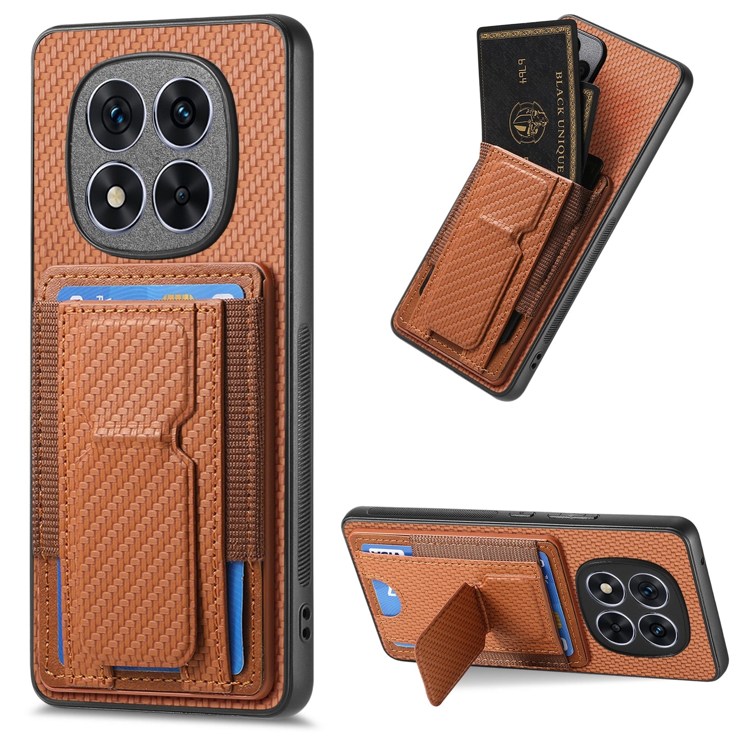 Xiaomi Redmi Note 14 Pro 5G Carbon Fiber Fold Stand Elastic Card Bag Phone Case with Multi-Functional Wallet