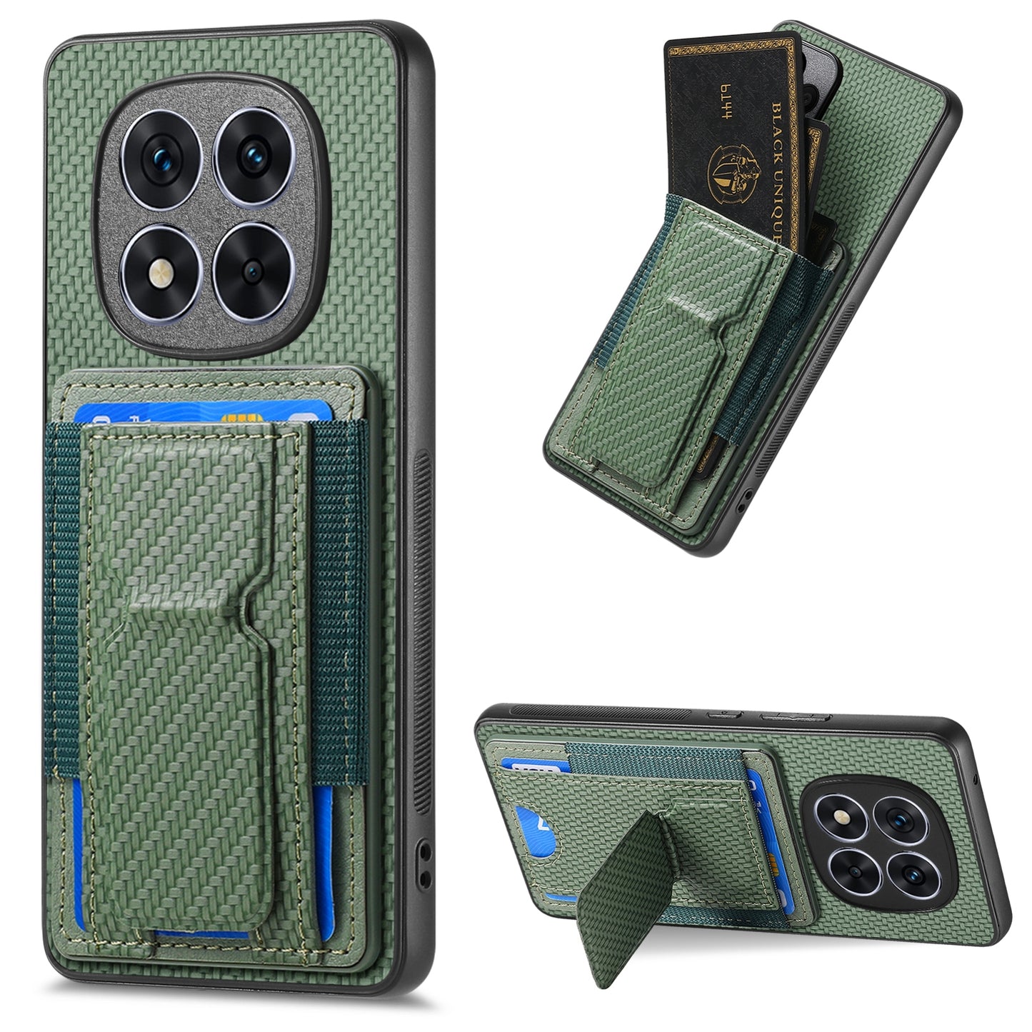 Xiaomi Redmi Note 14 Pro 5G Carbon Fiber Fold Stand Elastic Card Bag Phone Case with Multi-Functional Wallet